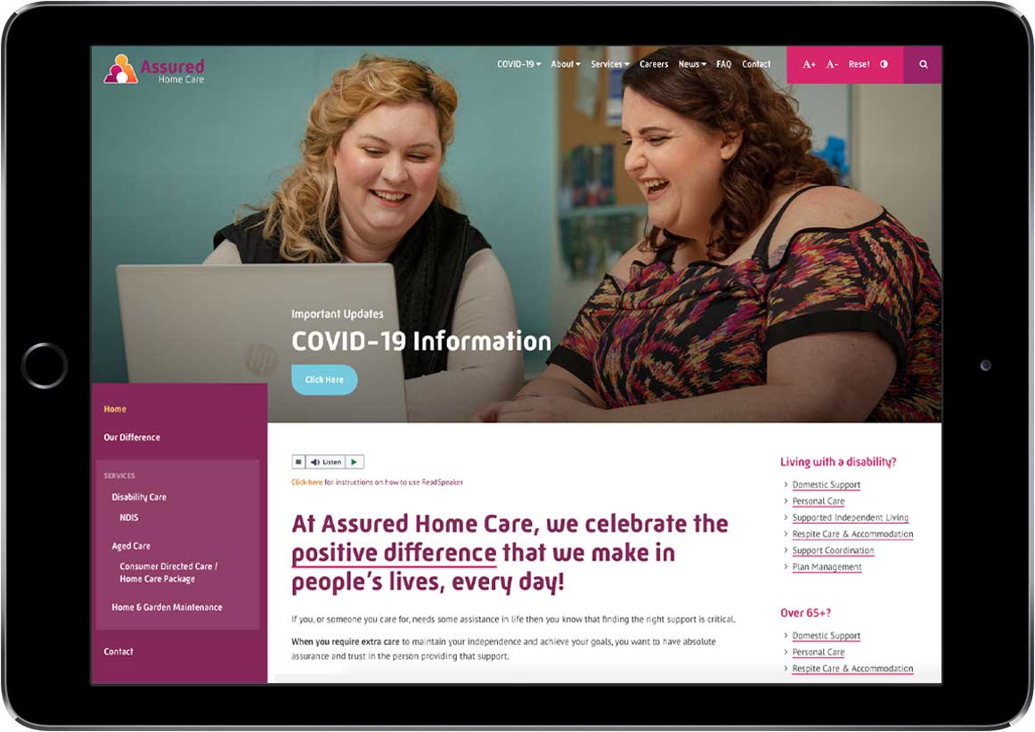 A mockup of the Assured Home Care website as seen on an iPad
