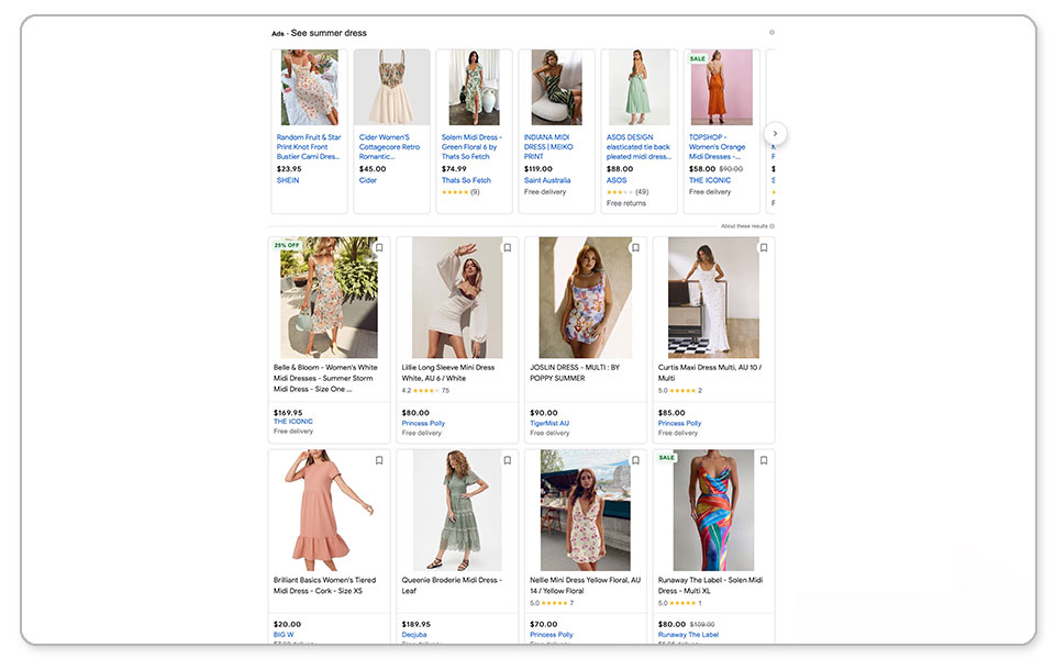 A screenshot of the Google Shopping Tab showing results for 'summer dress'